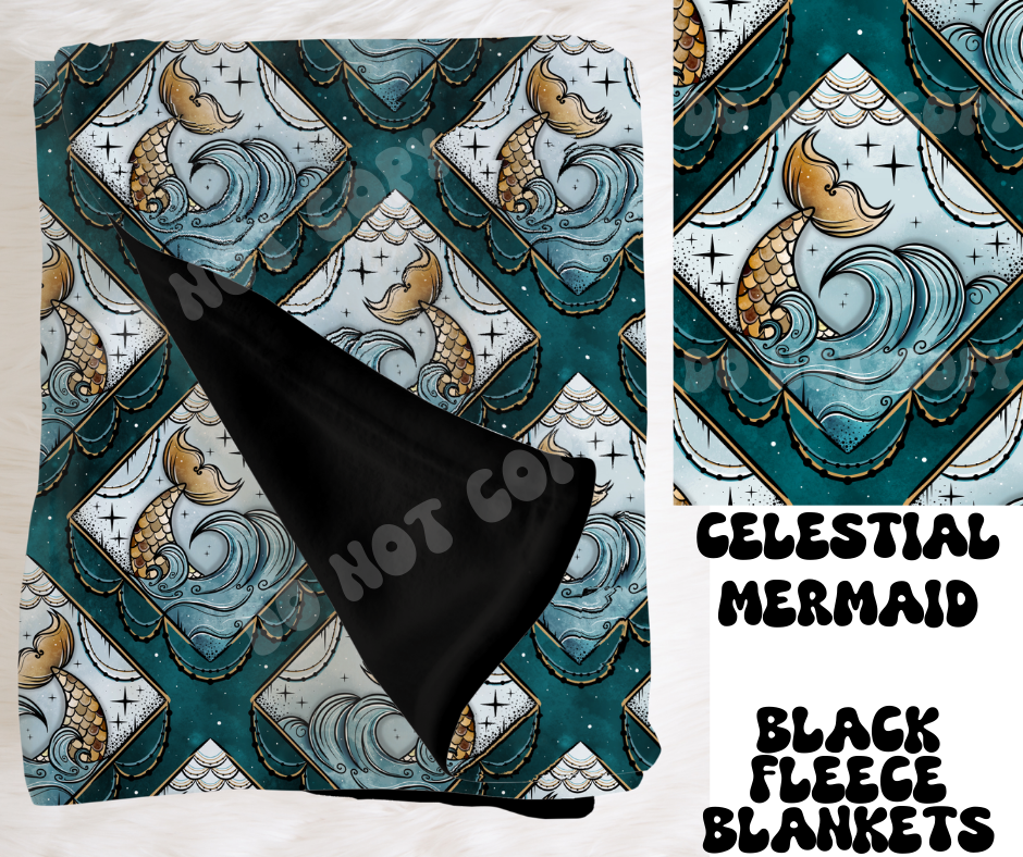 CELESTIAL MERMAID- SOFT BLACK FLEECE THROW BLANKET