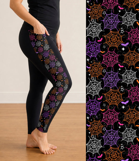 RTS - Colorful Webs and Bats Side Panel Leggings with Pockets