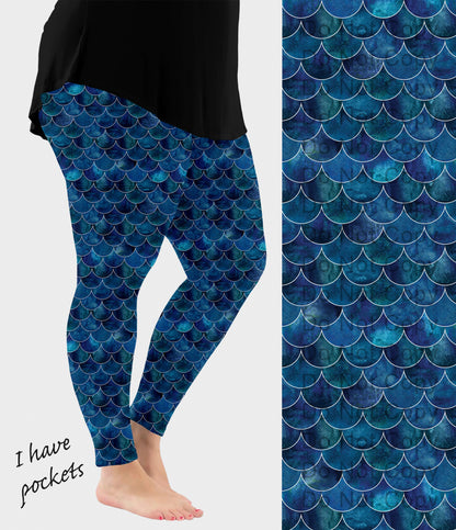 RTS - Dark Blue Mermaid Scales Leggings w/ Pockets