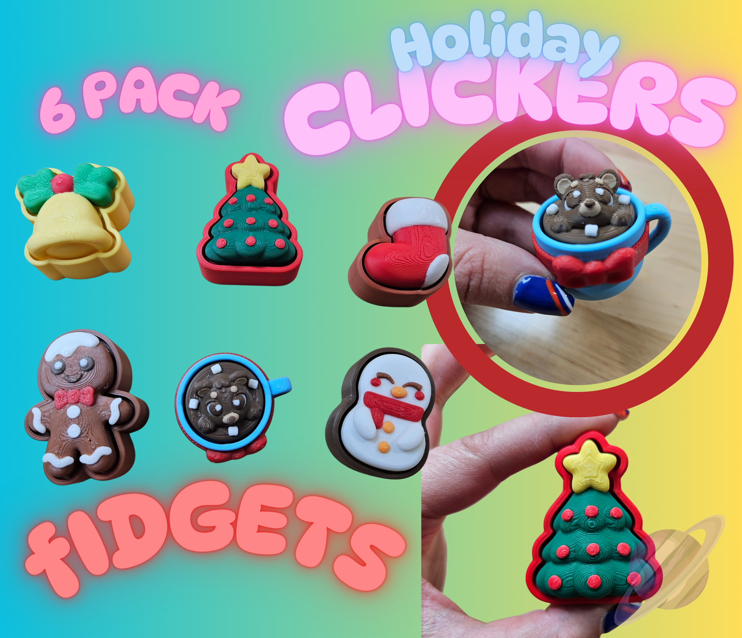 6 PACK- 3D PRINTED HOLIDAY CLICKER FIDGETS