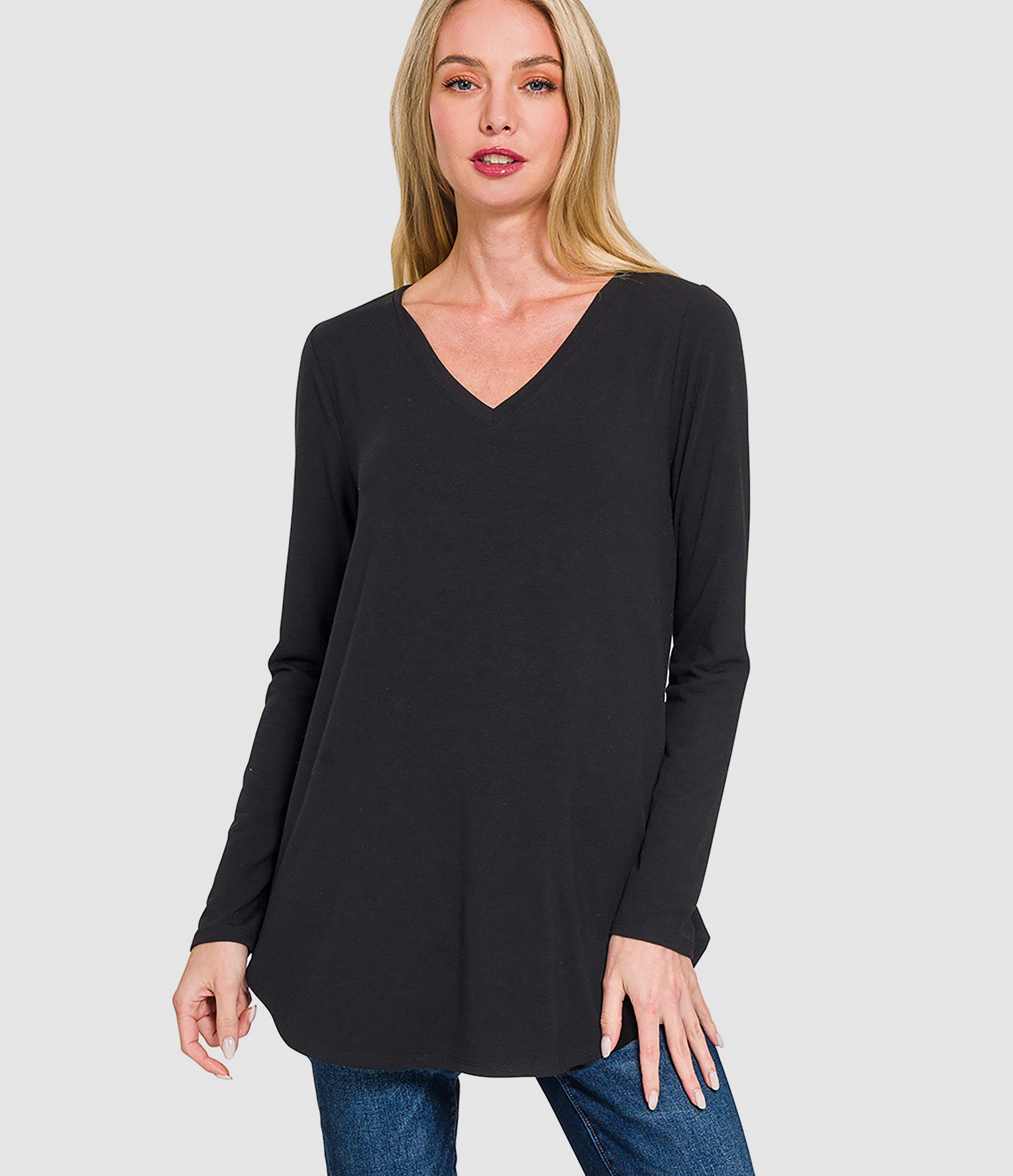 RTS - Long Sleeve V-Neck Top - Black