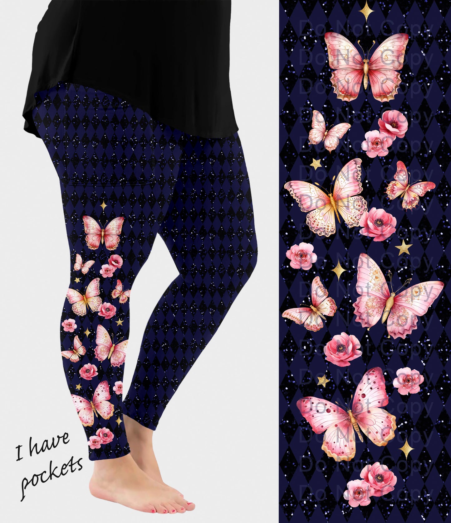 RTS - Pink Butterfly Side Design Leggings w/ Pockets