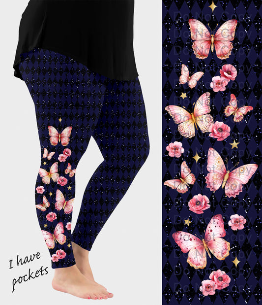 RTS - Pink Butterfly Side Design Leggings w/ Pockets
