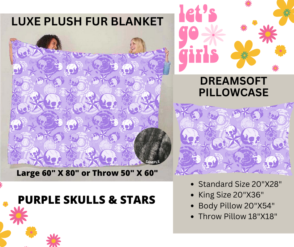 Preorder! Closes 12/16. ETA Feb. Purple Skulls & Stars Luxe Plush Fur Blanket and/or DreamSoft Pillowcase