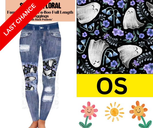 Spirited Floral Faux Denim Full Length Peekaboo Leggings