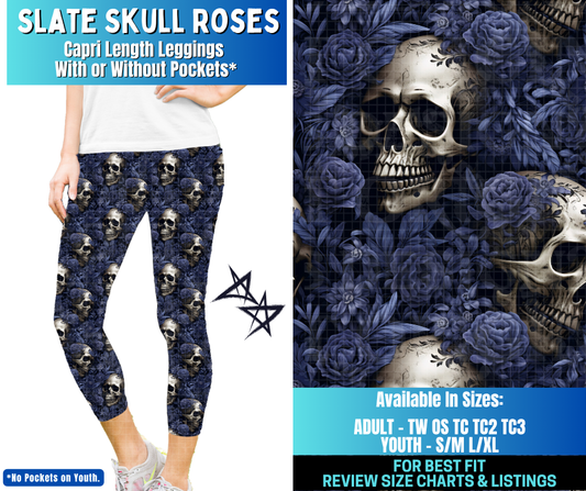 Preorder! Closes 12/17. ETA March. Slate Skull Roses Capri Length Leggings w/wo Pockets
