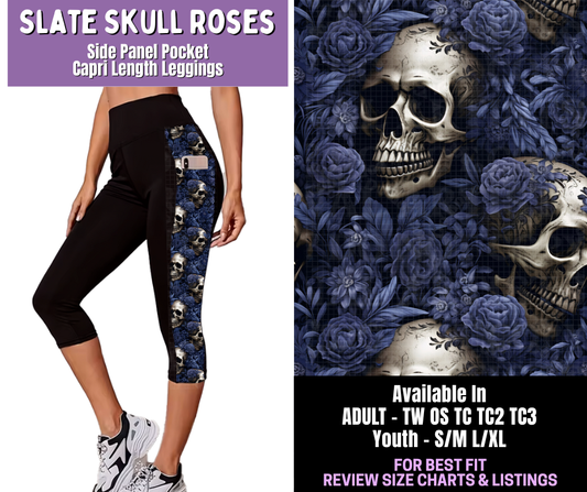 Preorder! Closes 12/18. ETA March. Slate Skull Roses Side Panel Pocket Capri Length Leggings