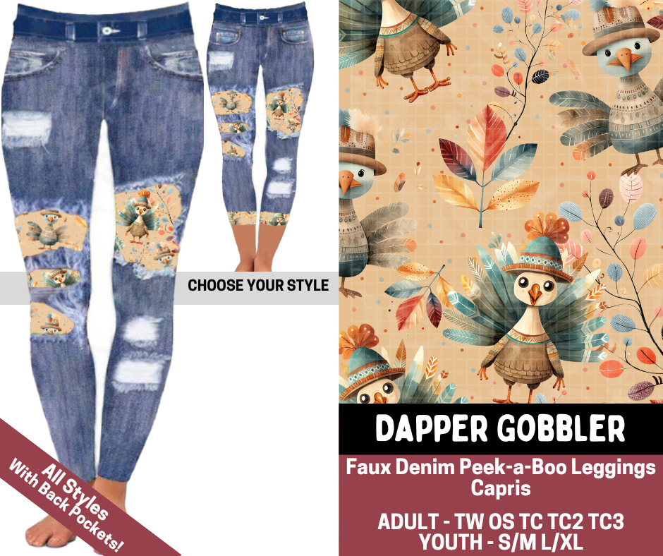 Preorder! Closes 7/23. ETA Oct. Dappler Gobbler Combo Faux Denim Peekaboo Legging Lengths