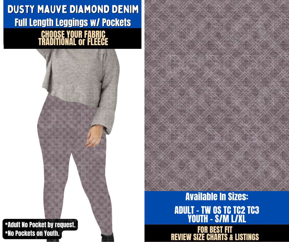 Preorder! Closes 9/16. ETA Dec. Dusty Mauve Diamond Denim Leggings Choose Fleece or Traditional