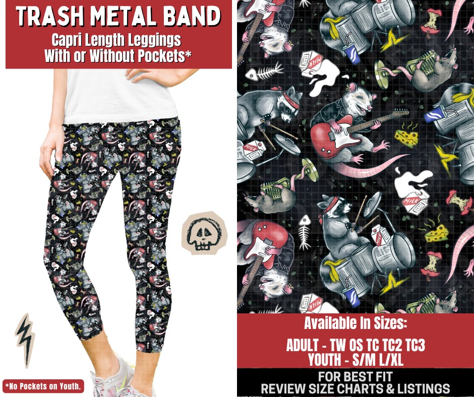 Preorder! Closes 12/22. ETA March. Trash Metal Band Capri Length Leggings w/wo Pockets