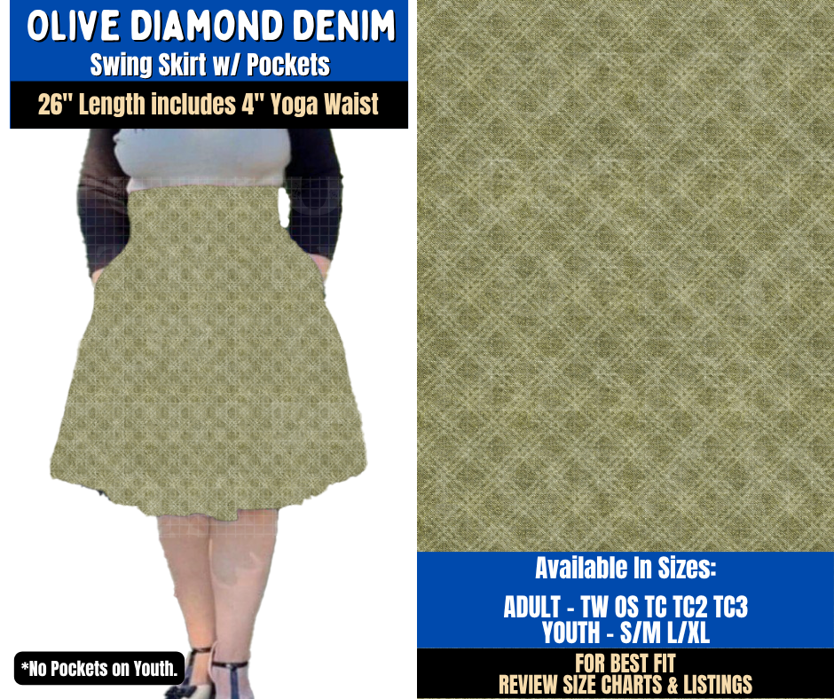 Preorder! Closes 9/16. ETA Dec. Olive Diamond Denim Swing Skirt