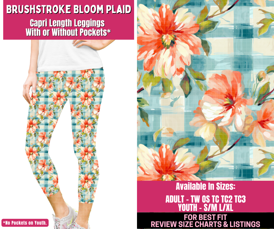 Preorder! Closes 12/31. ETA March. Brushstroke Bloom Plaid Full Length Capri Length Leggings w/wo Pockets