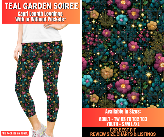Preorder! Closes 12/29. ETA March. Teal Garden Soiree Capri Length Leggings w/wo Pockets