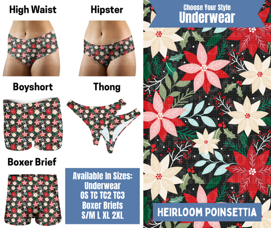 Preorder! Closes 8/26. ETA Nov. Heirloom Poinsettia Hipster, High Waist, Boyshort, & Thong Underwear & Boxer Briefs