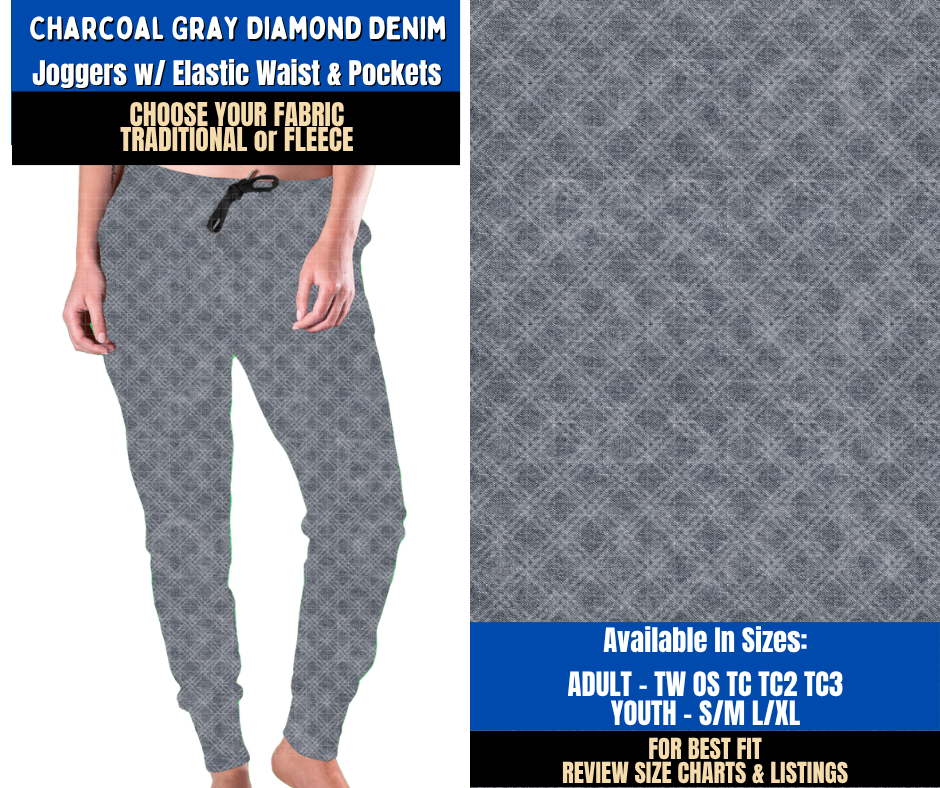 Preorder! Closes 9/16. ETA Dec. Charcoal Gray Diamond Denim Joggers Choose Fleece or Traditional