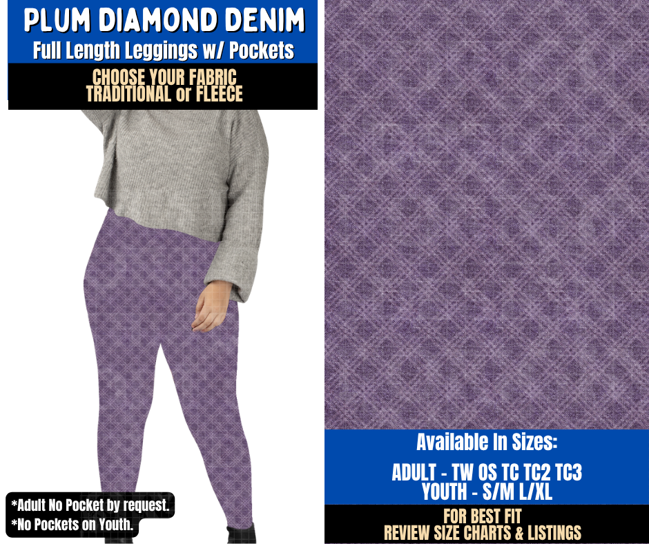 Preorder! Closes 9/16. ETA Dec. Plum Diamond Denim Leggings Choose Fleece or Traditional