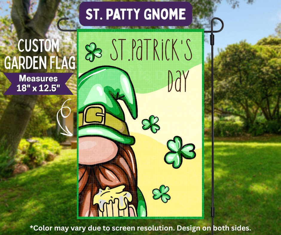 Preorder! Closes 11/9. ETA Feb. St Patty Gnome Garden Flag