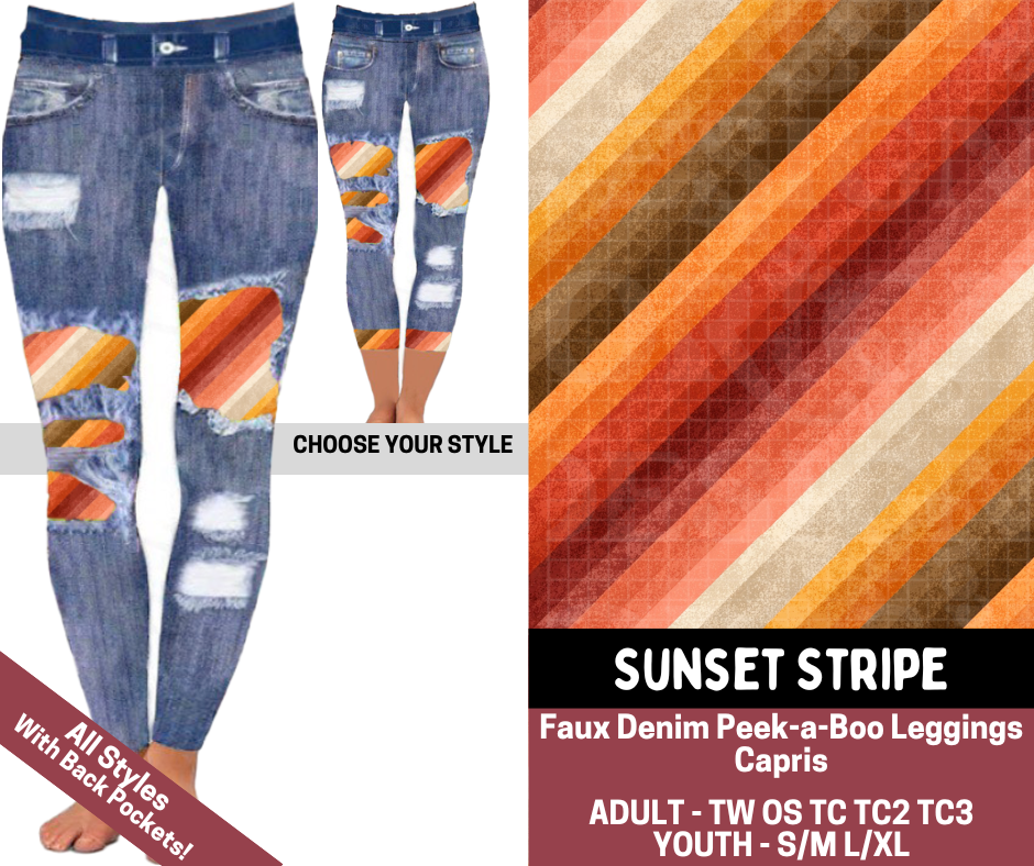 Preorder! Closes 7/23. ETA Oct. Sunset Stripe Combo Faux Denim Peekaboo Legging Lengths