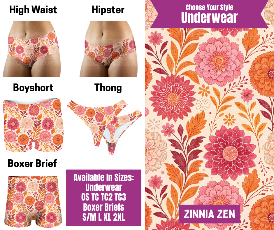 Preorder! Closes 6/24. ETA Sept. Zinnia Zen Hipster, High Waist, Boyshort, & Thong Underwear & Boxer Briefs
