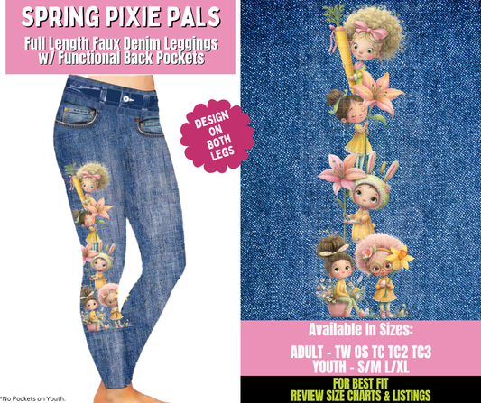 Preorder! Closes 1/21. ETA April. Spring Pixie Pals Full Length Faux Denim w/ Side Leg Designs