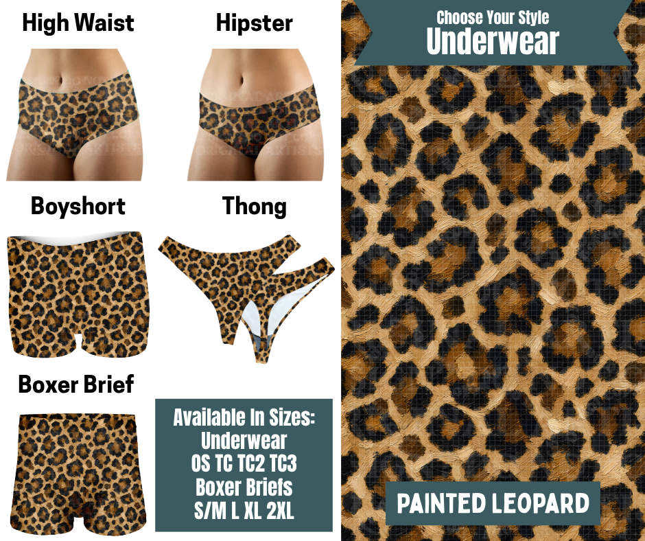 Preorder! Closes 9/30. ETA Dec. Painted Leopard Hipster, High Waist, Boyshort, & Thong Underwear & Boxer Briefs