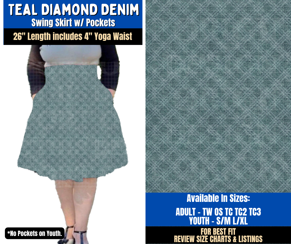 Preorder! Closes 9/16. ETA Dec. Teal Diamond Denim Swing Skirt