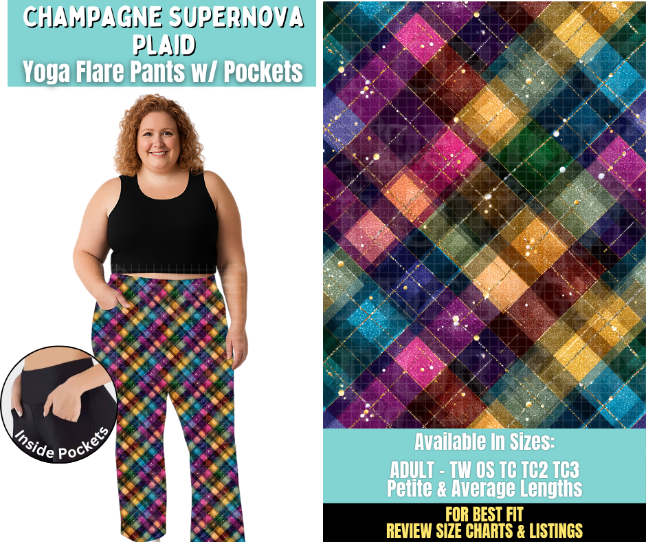 Preorder! Closes 6/25. ETA Sept. Champagne Supernova Plaid Yoga Flare Pants