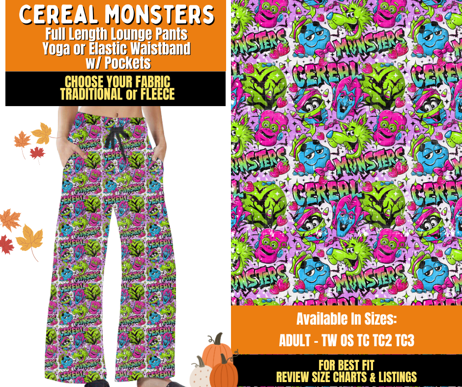 Preorder! Closes 7/16. ETA Oct. Cereal Monsters Lounge Pants Choose Fleece or Traditional