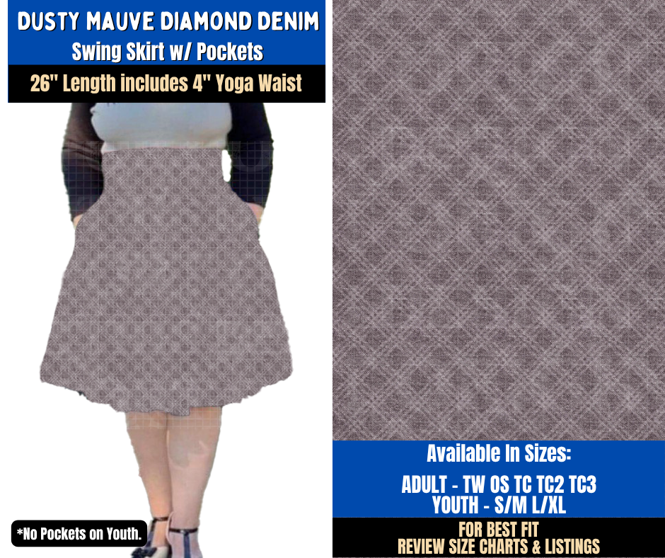 Preorder! Closes 9/16. ETA Dec. Dusty Mauve Diamond Denim Swing Skirt