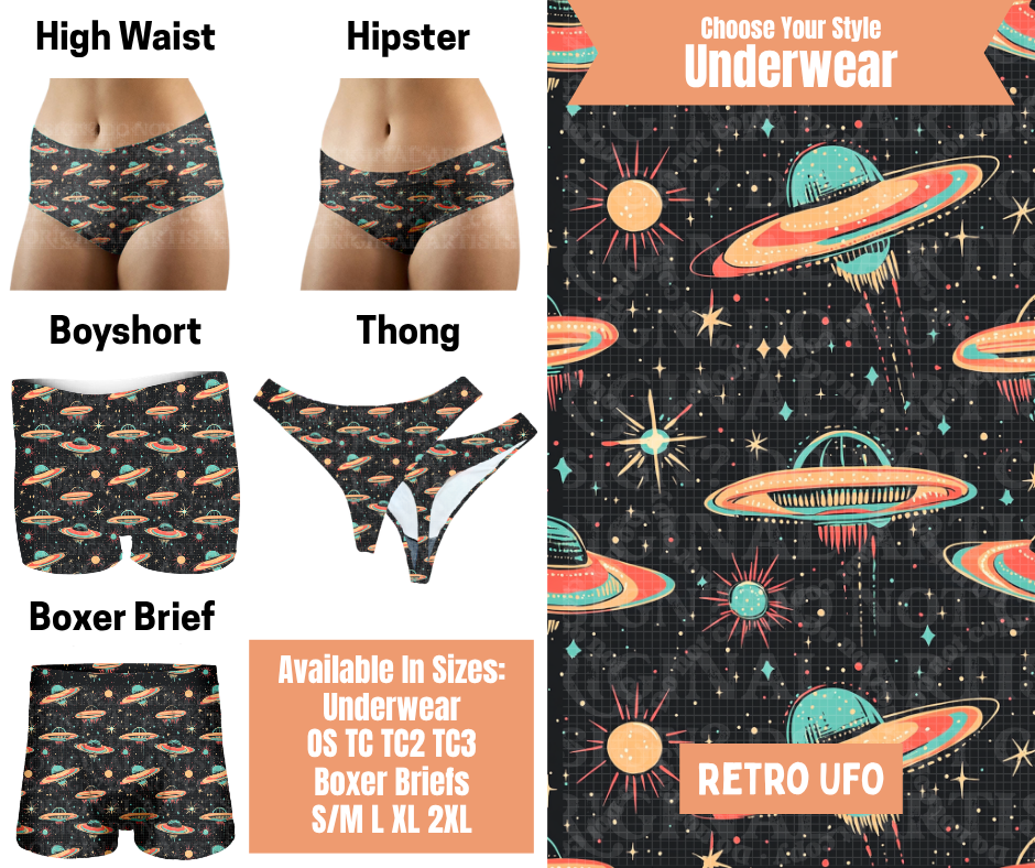 Preorder! Closes 11/5. ETA Feb. Retro UFO Hipster, High Waist, Boyshort, & Thong Underwear & Boxer Briefs