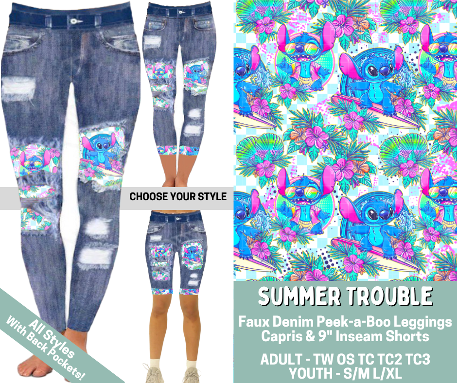 Preorder! Closes 5/20. ETA Aug. Summer Trouble Combo Faux Denim Peekaboo Legging Lengths