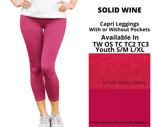Preorder! Closes 2/4. ETA May. Solid Wine Capri Length Leggings w/wo Pockets