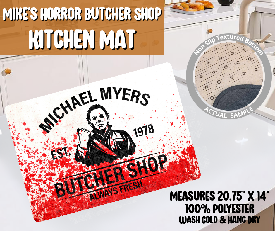 Preorder! Closes 6/8. ETA Sept. Mike's Horror Butcher Shop Kitchen Mat