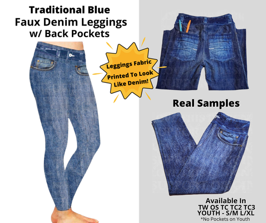 Preorder! Closes 12/24. ETA March. Traditional Blue Full Length Faux Denim Leggings