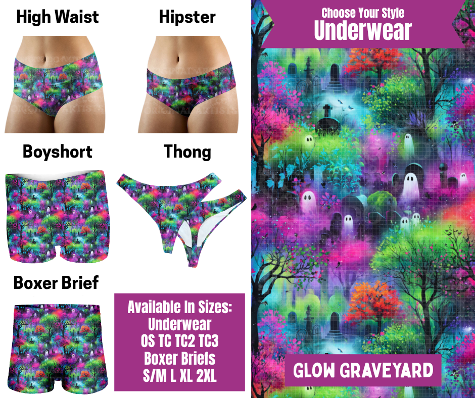 Preorder! Closes 6/24. ETA Sept. Glow Graveyard Hipster, High Waist, Boyshort, & Thong Underwear & Boxer Briefs