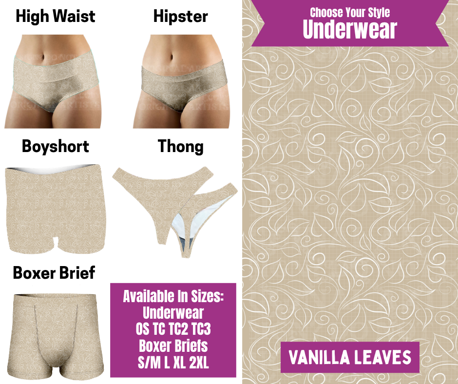 Preorder! Closes 6/24. ETA Sept. Vanilla Leaves Hipster, High Waist, Boyshort, & Thong Underwear & Boxer Briefs