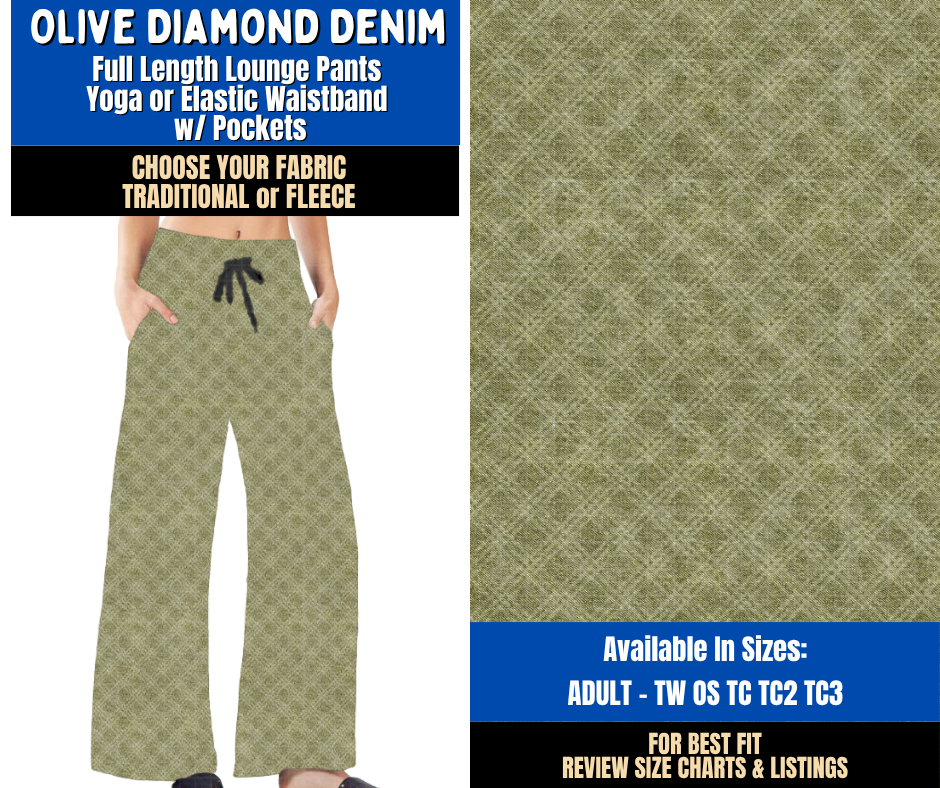 Preorder! Closes 9/16. ETA Dec. Olive Diamond Denim Lounge Pants Choose Fleece or Traditional