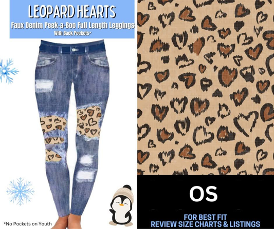 Leopard Hearts Faux Denim Full Length Peekaboo Leggings