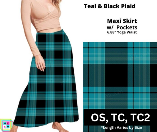 Teal & Black Plaid Maxi Skirt