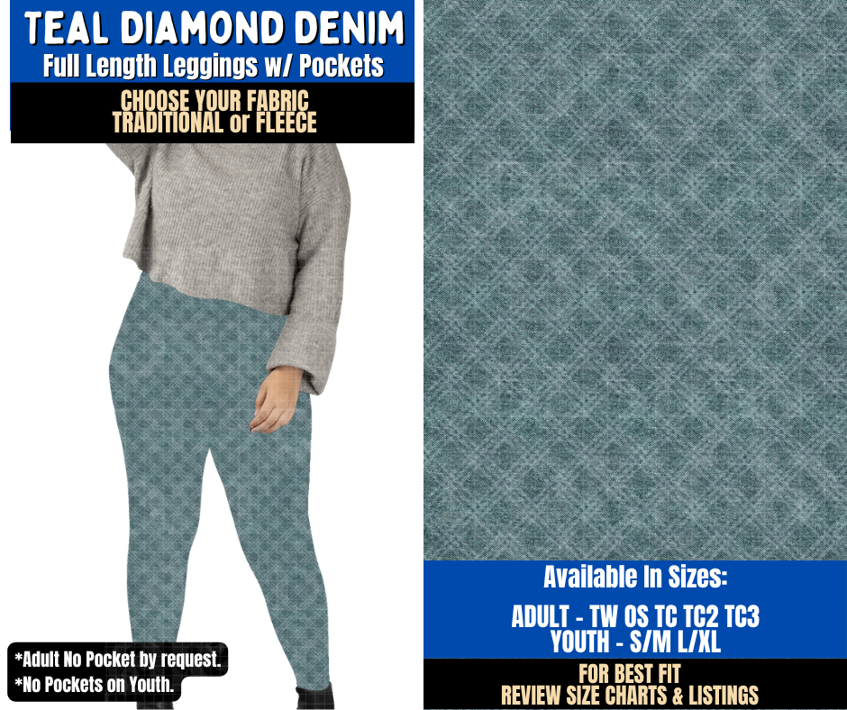 Preorder! Closes 9/16. ETA Dec. Teal Diamond Denim Leggings Choose Fleece or Traditional