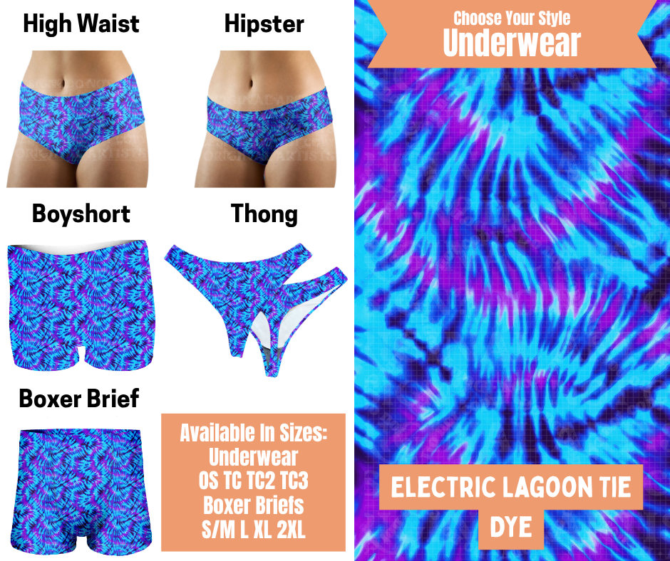 Preorder! Closes 11/5. ETA Feb. Electric Lagoon Tie Dye Hipster, High Waist, Boyshort, & Thong Underwear & Boxer Briefs