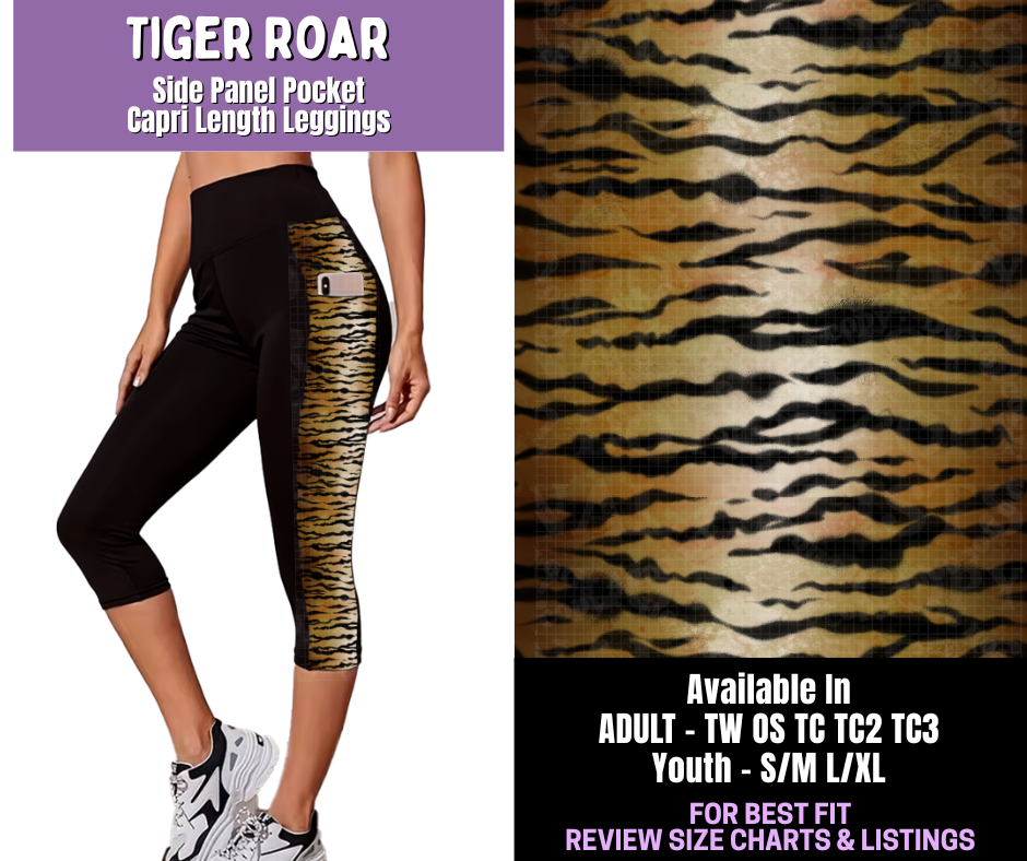 Preorder! Closes 12/18. ETA March. Tiger Roar Side Panel Pocket Capri Length Leggings