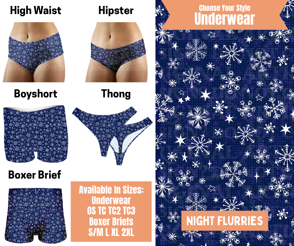 Preorder! Closes 11/5. ETA Feb. Night Flurries Hipster, High Waist, Boyshort, & Thong Underwear & Boxer Briefs