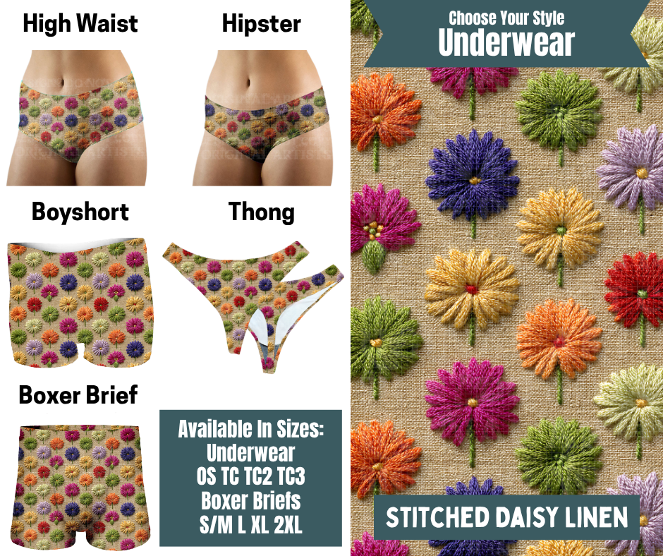 Preorder! Closes 9/30. ETA Dec. Stitched Daisy Linen Hipster, High Waist, Boyshort, & Thong Underwear & Boxer Briefs