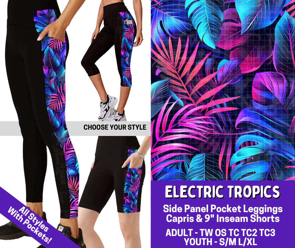 Preorder! Closes 4/9. ETA June. Electric Tropics Combo Side Panel Legging Lengths