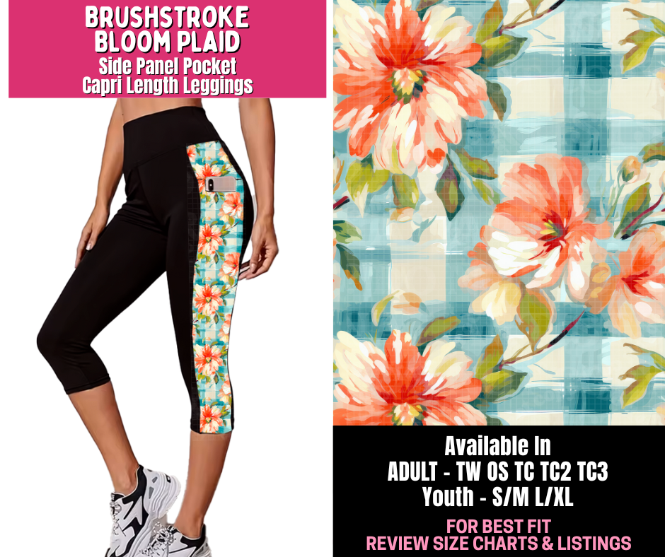 Preorder! Closes 1/1. ETA March. Brushstroke Bloom Plaid Panel Pocket Capri Length Leggings