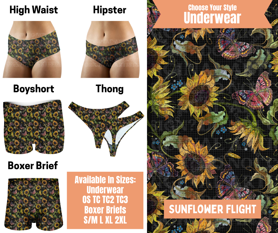 Preorder! Closes 11/5. ETA Feb. Sunflower Flight Hipster, High Waist, Boyshort, & Thong Underwear & Boxer Briefs