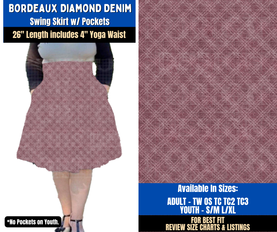 Preorder! Closes 9/16. ETA Dec. Bordeaux Diamond Denim Swing Skirt