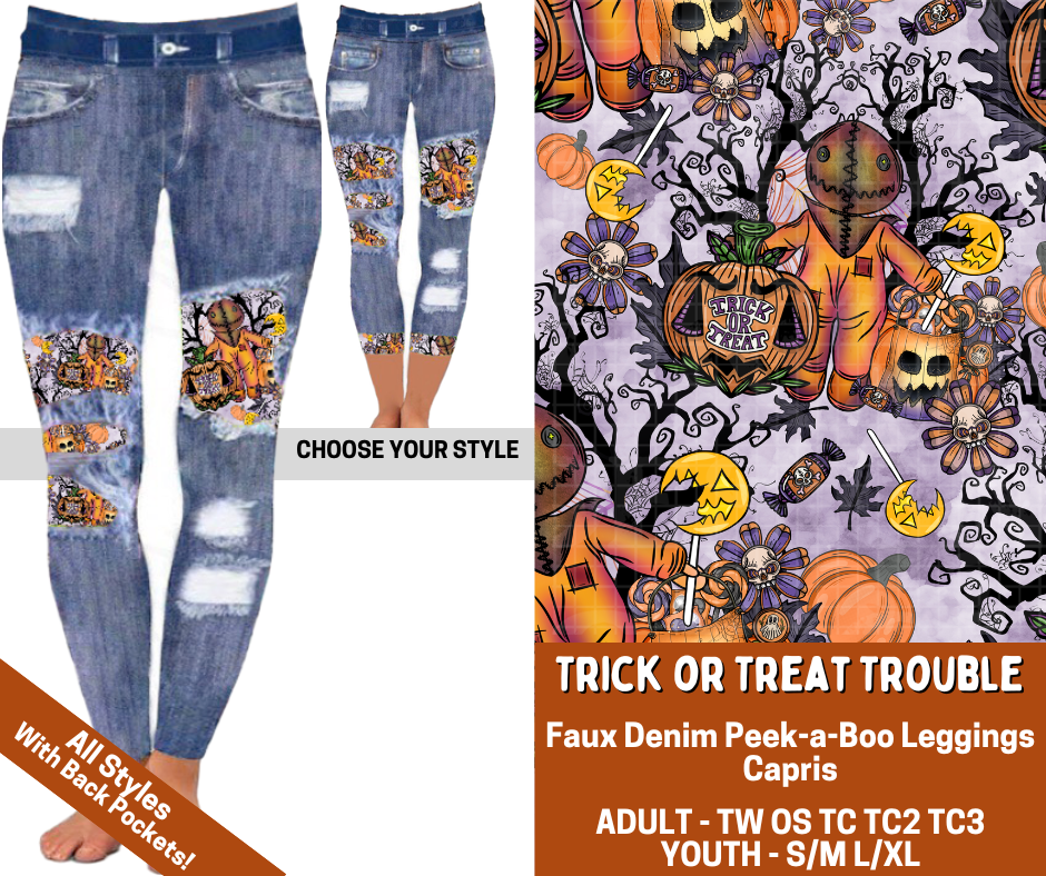 Preorder! Closes 7/13. ETA Oct. Trick or Treat Trouble Combo Faux Denim Peekaboo Legging Lengths