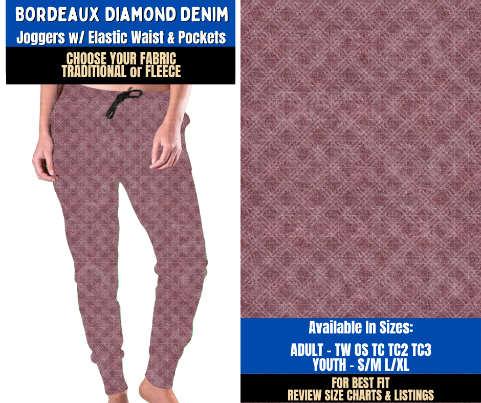 Preorder! Closes 9/16. ETA Dec. Bordeaux Diamond Denim Joggers Choose Fleece or Traditional